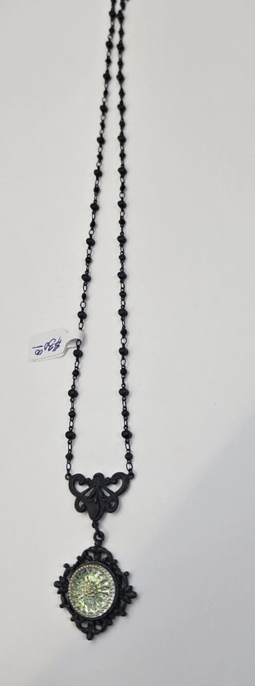 Czech Glass Daisy Cabochon Necklace With A Black Chain Handmade Jewelry